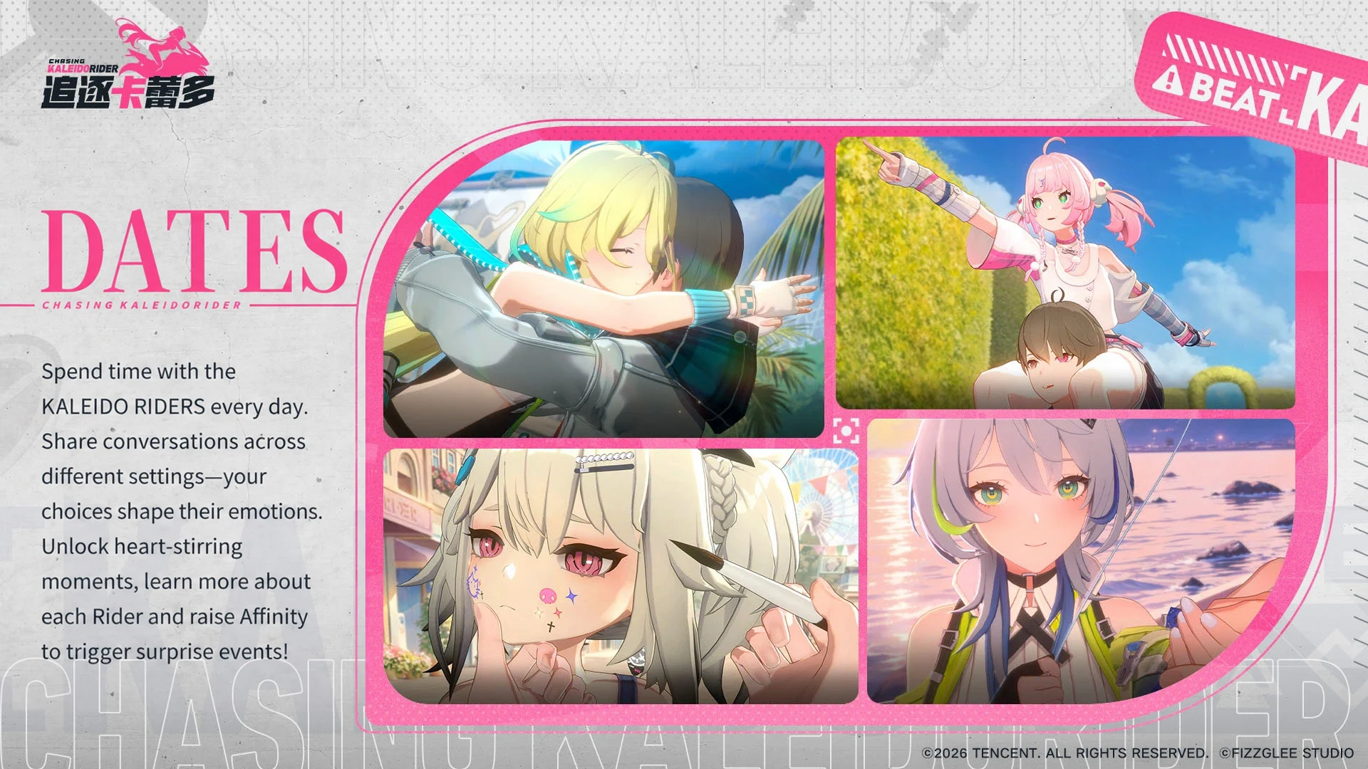 Dates — spend time with the KALEIDO RIDERS, make dialogue choices and raise Affinity.